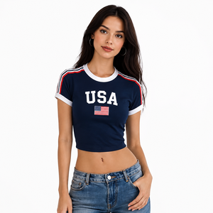 Camiseta Corta para Mujer, Cuello Redondo, Manga Corta, Diseño Estampado con Bandera Nacional, Estilo Casual, Ajuste Jersey, para Todas las Temporadas, Manga Regular - Product Image 4