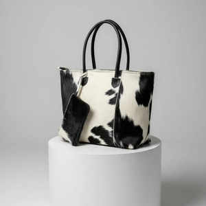 Women's Casual Tote <b>Bag</b> With Cow Print Real Fur <b>Large</b> Capacity Round Handle Flap Closure Daily Use Handbag - Product Image 2