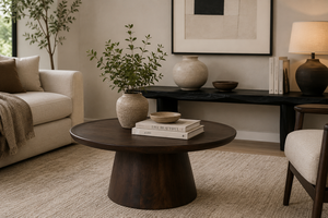 Table basse ronde en bois moderne, design minimaliste, fabrication artisanale, meubles de salon, finition noyer - Product Image 2