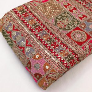 Embroidered Brocade Fabric with <b>Sequin</b> and Metallic Thread Heavyweight Cushion Material in <b>Red</b> Pink Green and Gold Patterns - Product Image 4