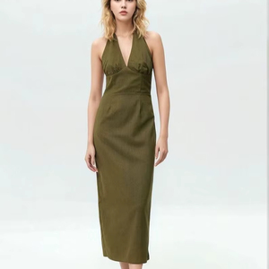 Elegant V-Neck <b>Spaghetti</b> <b>Strap</b> Maxi Dress Olive Green Linen Eco-Friendly Plain Dyed Washable Loose Fit All Seasons Party Dress - Product Image 1