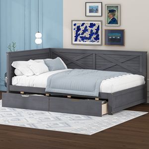 Ancient Grey Twin Size <b>Wood</b> <b>Daybed</b> with 2 Drawers and Rustic Guardrail Elegant Rustic Style Wooden Bed - Product Image 2