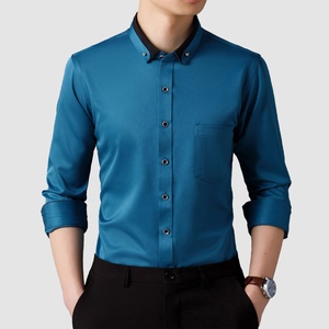 เสื้อเชิ้ตทำงานแขนยาวสำหรับผู้ชายผ้าสแปนเด็กซ์แขนยาวมีปกสีตัดกันลำลองผ้าโพลี5% ผ้าสแปนเด็กซ์95% - Product Image 3