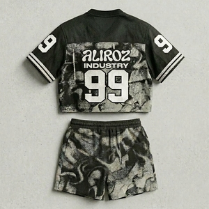 Ensemble en jersey respirant Aliroz Industry, haut court à manches courtes et col en V, short à cordon de serrage, impression par sublimation, streetwear d'été - Product Image 2