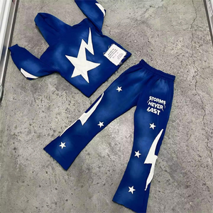 Conjunto Deportivo Unisex Azul de Invierno, Transpirable, de Forro Polar, con Capucha, Manga Larga, Corte Holgado, Estilo Urbano, Poliéster/Algodón, Diseño con Rayos - Product Image 1