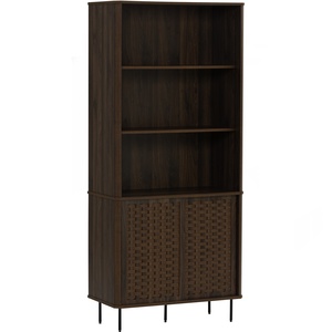 Contemporary Modern <b>Walnut</b> Large Bookcase in Rattan Design Display Cabinet with Metal Legs for Office and Living Room - Product Image 1