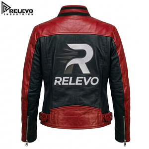 Men Red and Black Genuine Leather <b>Biker</b> <b>Jacket</b>, Two Tone Racing <b>Biker</b> Outerwear Coat Premium Genuine Leather <b>Biker</b> Style - Product Image 2