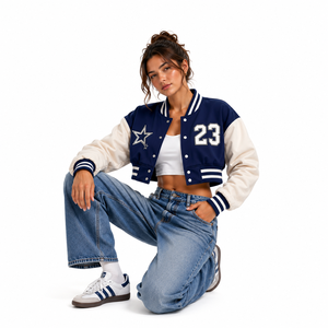Blue White Denim Vintage Varsity <b>Jacket</b> Embroidered <b>Star</b> 23 Number Crop Length Regular Sleeve Turn-down Collar Unisex Casual - Product Image 2