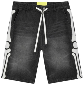 <b>Men's</b> Black Washed Denim Shorts with Skeleton Bone Print <b>Drawstring</b> Waist Casual Streetwear <b>Jean</b> Short, Relaxed Fit Summer Short - Product Image 1