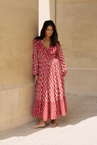 เดรสยาวพิมพ์ลายสีแดงสไตล์โบฮีเมียน คอวี แขนยาว ผ้าฝ้ายทรงหลวม สวมใส่สบาย เหมาะสำหรับฤดูร้อน สไตล์ชาติพันธุ์ สำหรับผู้หญิง - Product Image 6