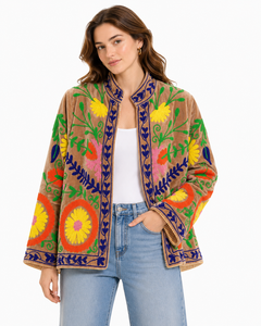 Women Velvet Embroidered <b>Jacket</b> Mandarin Collar Floral <b>Pattern</b> Boho Style Spring Coat Handmade Suzani Design Full Sleeve - Product Image 1
