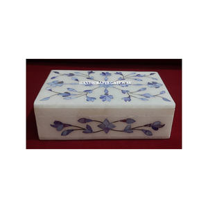 Boîte à bijoux en marbre blanc naturel avec incrustation de fleurs faites à la main, design rectangulaire, incrustation de nacre bleu ciel, pour cadeaux - Product Image 3