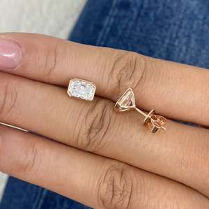 Minimalist Bezel Set Radiant Cut Lab Diamond <b>Earrings</b> 10K 14K 18K Gold Horizontal Solitaire <b>Studs</b> For Women Custom <b>Fine</b> Jewelry - Product Image 2