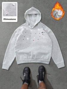 เสื้อฮู้ดผู้ชายประดับเพชรเทียมแบบกระจายตัว ทรงโอเวอร์ไซส์ ผ้าฟลีซกันหนาว สตรีทแวร์ ดีไซน์มินิมอล ไหล่ตก มีเชือกผูกและกระเป๋า - Product Image 3