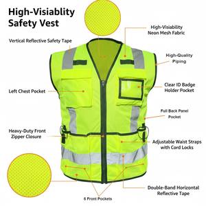 Chaleco de Seguridad de Poliéster Transpirable Fluorescente Reflectante de Alta Visibilidad con Cremallera y Múltiples Bolsillos - Product Image 6