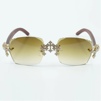 Lunettes de soleil New Cross entièrement incrustées de diamants Factory Lunettes de soleil Jambes en bois originales et verres coupés de 58MM