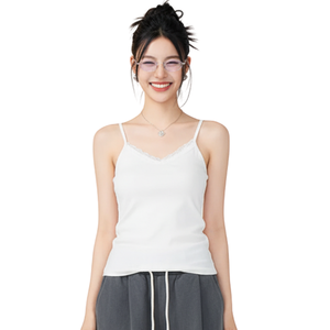 Débardeur en coton côtelé de luxe pour femme, bretelles spaghetti, bordure en dentelle à volants, séchage rapide, respirant, design simple et élégant - Product Image 1