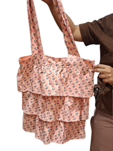 Blush Pink Floral Print Tiered Ruffle Cotton Tote Bag with <b>Shoulder</b> <b>Straps</b> Lightweight Handmade Eco-friendly Travel Shopping Bag - Product Image 3