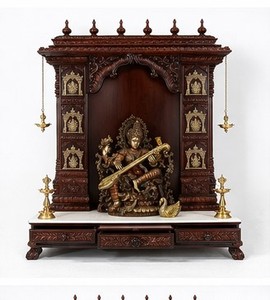 Ashta Lakshmi Design Wooden <b>Mandir</b> for Home Handmade Saraswati Wooden <b>Mandir</b> for Pooja Room Brown Polished Sagwan Wood <b>Mandir</b> - Product Image 4
