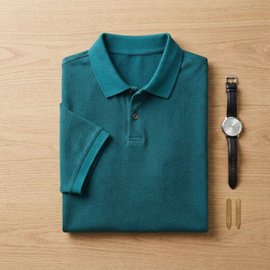 Polo de Punto de Manga Corta Azul Verde Azulado para Hombre, Transpirable, Casual, de Color Sólido, Corte Regular, Polo Liso - Product Image 3
