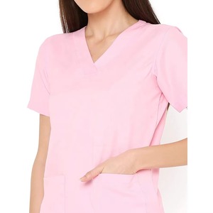 Pink Women's <b>Scrub</b> Top V-Neck Short Sleeve With Pockets Hospital Uniform Woven Cotton Polyester Blend - Product Image 5