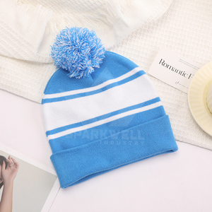 Bonnet en tricot rayé avec pompon pour adultes, unisexe, chapeau d'hiver orange, bleu, blanc, en acrylique, design à revers, tenue décontractée - Product Image 5