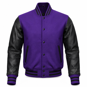 Chaqueta Varsity Personalizada de Lana y Cuero Morado y Negro para Hombre, Chaqueta de Béisbol con Letras Bordadas OEM, Fabricante al por Mayor - Product Image 1