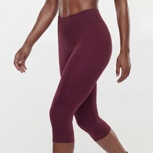 Legging Capri Taille Haute en Spandex et Nylon, Nouveau Design, pour Femme, Couleur Unie, Extensible, pour Yoga et Fitness, Bordeaux, Tricoté - Product Image 1