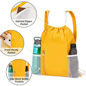 Custom Logo <b>Drawstring</b> <b>Backpack</b> With Mesh Side Pockets Front Zipper Pocket Waterproof Sports Gym Sack Bag Lightweight Polyester - Product Image 6