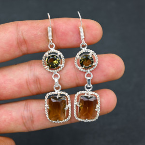 Boucles d'oreilles pendantes personnalisées en quartz fumé de synthèse, style goutte, en argent sterling plaqué, cadeaux en cristal pour femmes, prix d'usine - Product Image 1
