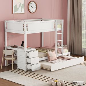Letto a castello bianco con due letti singoli, letto estraibile con contenitore e scrivania - per bambini - Product Image 1