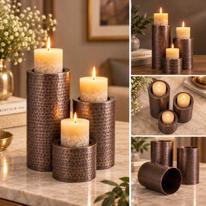 Juego de 3 Portavelas de Cobre Martillado en Alturas Graduadas para Decoración de Mesa |   Portavelas de Metal Rústico para Decoración del Hogar - Product Image 4