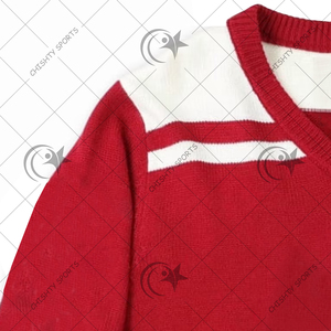 Custom Greek Life knit Women's Vintage style Red V neck <b>cardigan</b> <b>sweater</b> with white stripes - Product Image 3
