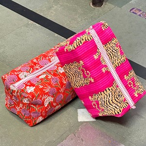 Pink Tiger Print Quilted Cosmetic Bag Large Bohemian Style Textile Zipper Closure Multi-Function Organizer - Product Image 3