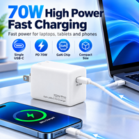 Chargeur mural compact pliable 70W GaN USB-C PD à charge rapide pour ordinateur portable, tablette et téléphone
