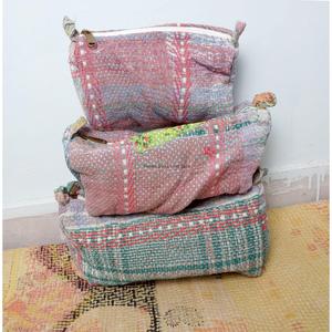 Indian Kantha Hand Block Print Cotton Cosmetic Bag Set with Tassel Zipper Closure Vintage Style-Women's Travel Makeup Pouch - Product Image 1