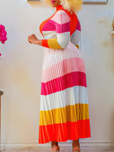 Robe longue décontractée africaine confortable grande taille pour l'automne, ensemble plissé imprimé à manches longues et blocs de couleur - Product Image 5