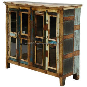 Armoire multi-usages en bois massif de récupération 4 portes en verre finition mate multicolore pour salon table à manger meubles d'hôtel - Product Image 1