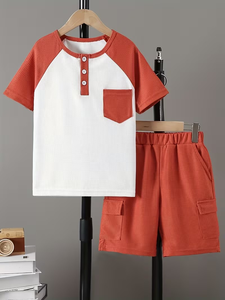 Color-Blocked Jersey TEE Shorts Set Outdoor Boys Summer Casual Stylish Print Worsted Fabric Short Sleeves Solid - Product Image 2