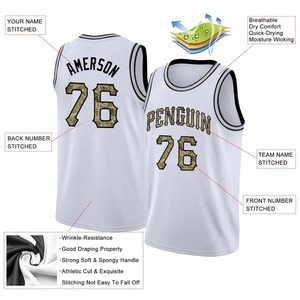 Maillot de basket-ball personnalisé blanc camouflage noir, cousu, en maille sublimée de qualité supérieure, authentique, style rétro, uniforme sportif universitaire - Product Image 2
