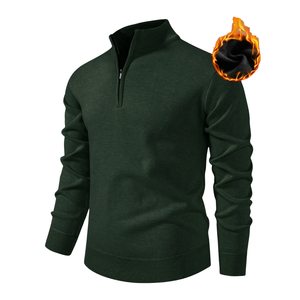 Pull à col zippé pour homme, vert foncé, manches longues, tricoté, col montant, poignets côtelés, décontracté, automne, maille unie - Product Image 1