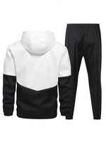 Ensemble survêtement 2 pièces pour homme, veste à capuche zippée et pantalon coupe-vent, motif chevron color block blanc et noir