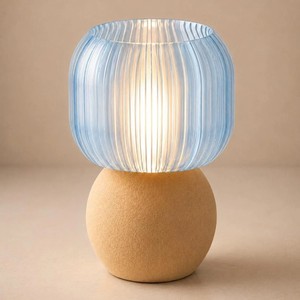 Minimalist Round <b>Glass</b> <b>Table</b> <b>Lamp</b> With Vertical Striped Blue Shade And Beige Base For Indoor Lighting - Product Image 4