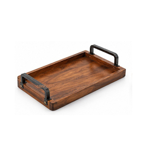 Bandeja de Almacenamiento Rectangular de Madera con Asas de Metal Negro, Acabado Barnizado, Uso en Mesa, un Solo Nivel, Diseño Minimalista, 50x40x30cm - Product Image 1