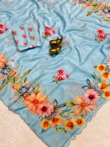 Sari en soie chinon douce à motifs floraux avec de magnifiques broderies et bordures ajourées, idéal pour les fêtes, infroissable, séchage rapide, décontracté - Product Image 3