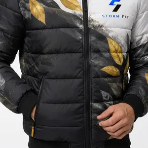 Chaqueta Acolchada con Capucha para Hombre, Estampado Floral, Cortavientos, Invierno, Casual, Cierre de Cremallera, 100% Poliéster, Corte Regular - Product Image 5