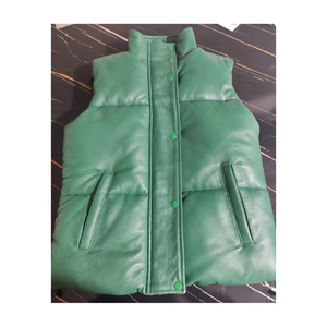 Gilets matelassés en cuir véritable pour hommes, col montant, fermeture boutonnée, vert uni, streetwear d'hiver, décontracté, sans manches, épais - Product Image 4