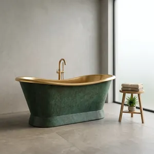 Baignoire de luxe en cuivre massif, faite à la main, autoportante, avec finition vert antique et bordure en laiton pour salle de bain - Product Image 3