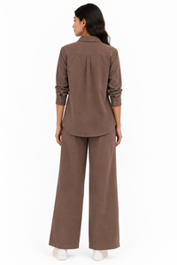 Ensemble 2 pièces pour femmes, chemise à manches longues et pantalon large, motif floral brodé marron, coupe ample décontractée, tissu Oxford en coton, toutes saisons - Product Image 3