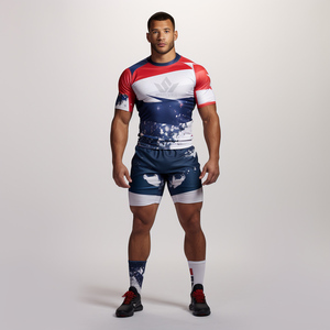Ensemble de maillot de rugby personnalisé pour homme, rayé bleu, rouge et blanc, manches courtes, polyester sublimé anti-transpiration - Product Image 2